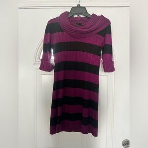 Takeout Purple and Black Ribbed Cowl Neck Sweater Dress